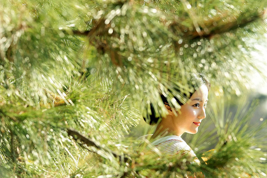 庭園の松の中で写真を撮る新婦の横顔