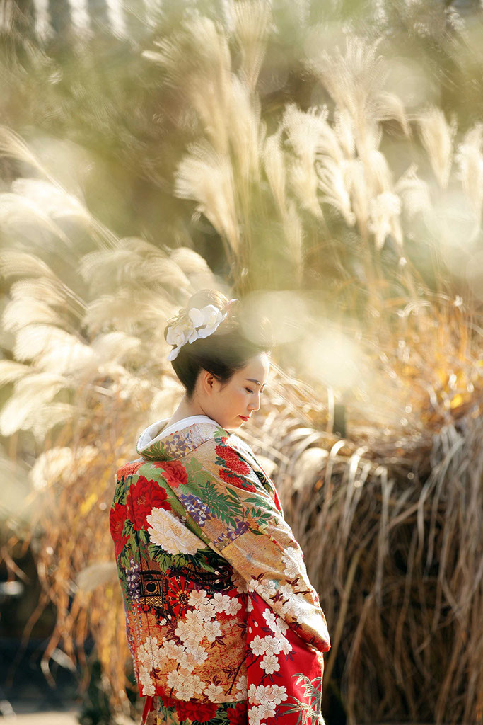 ススキの前で写真に映る和装花嫁