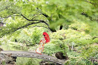 肥後細川庭園にかかる橋の上で和傘を持ち微笑む新婦